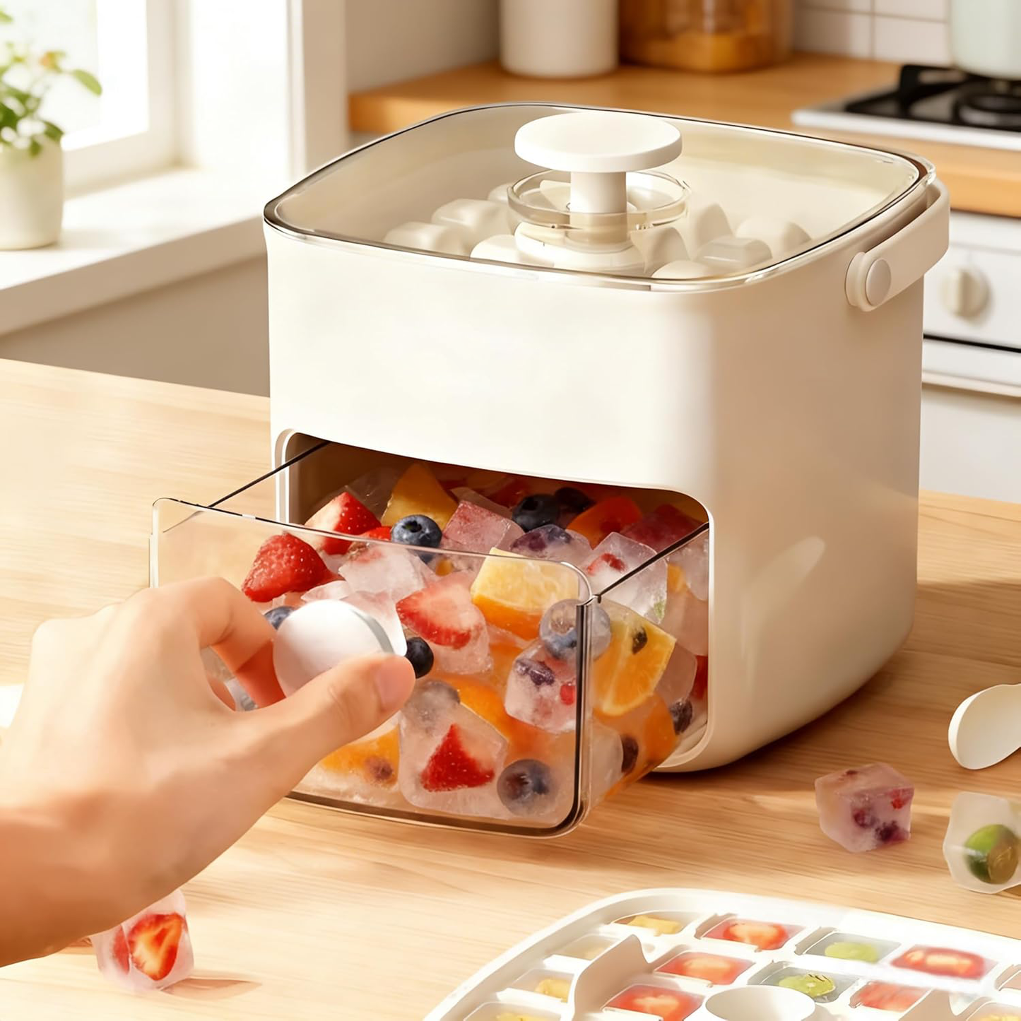 1-Second Press Ice Cube Tray: 48-Cell Tray With Storage Bin & Lid