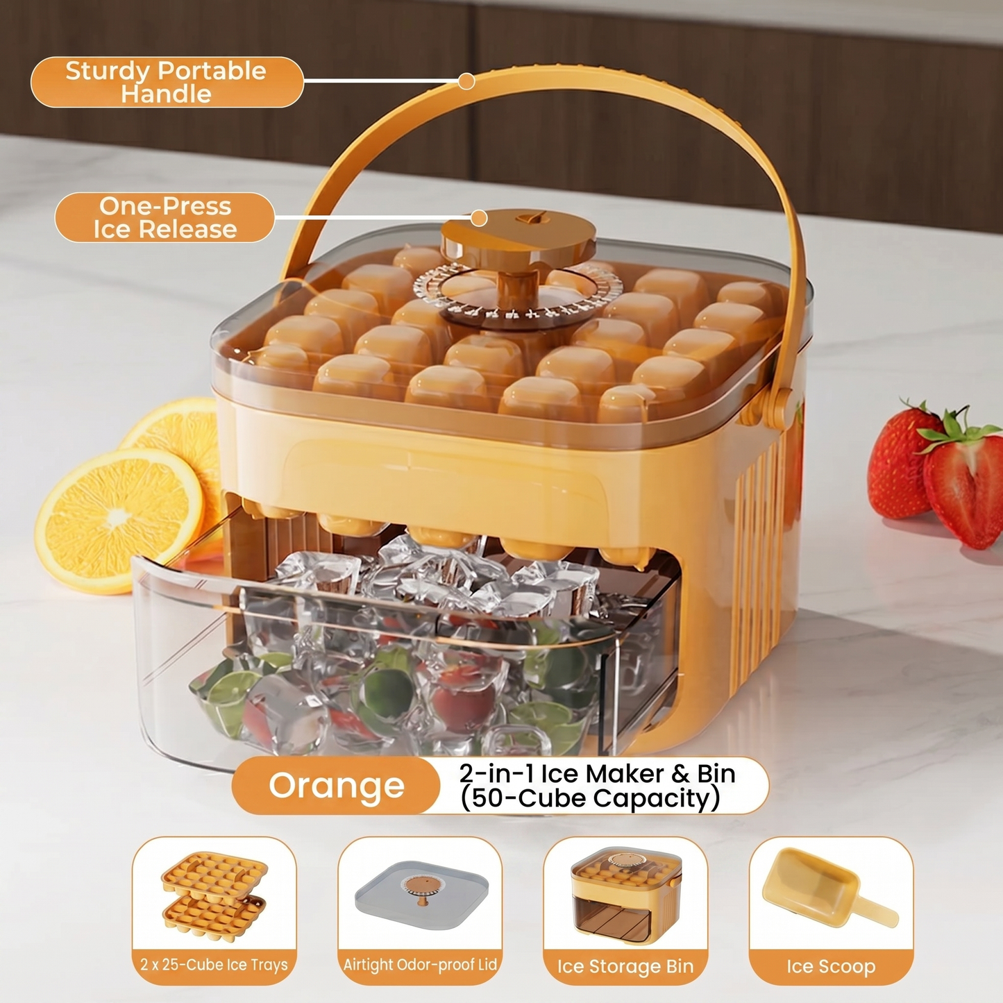 1-Second Press Ice Cube Tray: 48-Cell Tray With Storage Bin & Lid