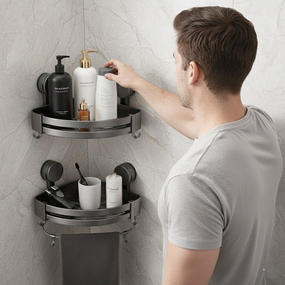 Heavy-Duty No-Drill Aluminum Corner Shower Shelf – Strong Suction Wall Organizer